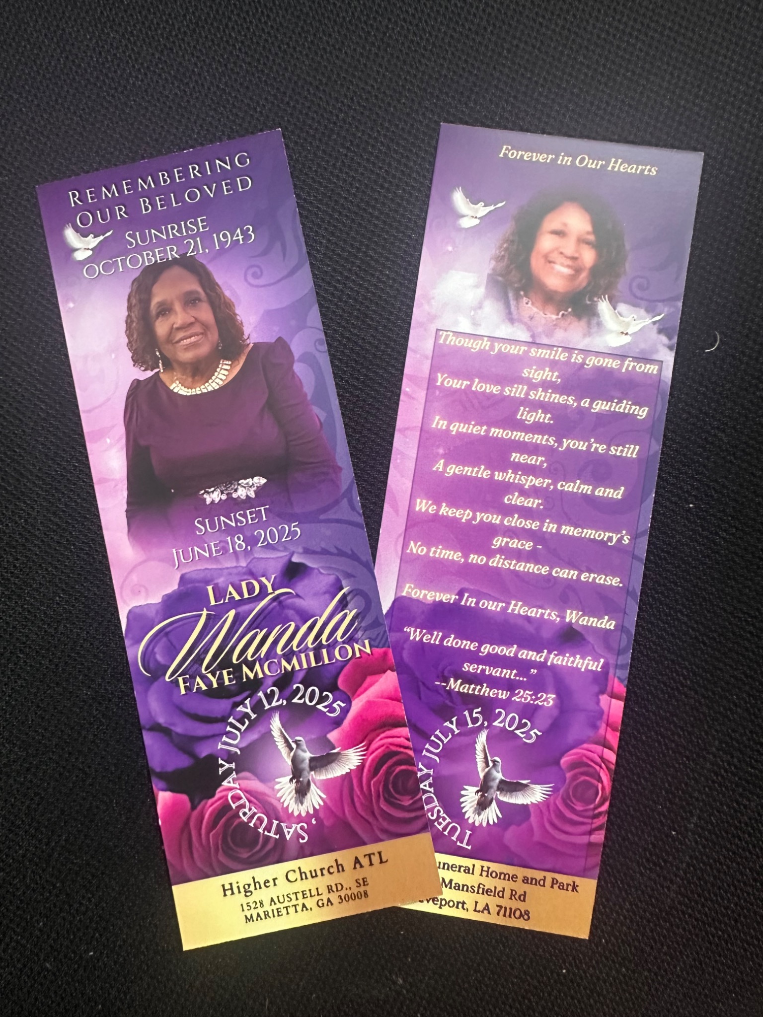 Memorial Bookmarks example by Honor Core